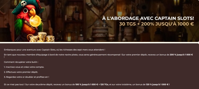 bonus de bienvenue pour le casino captain slot avis
